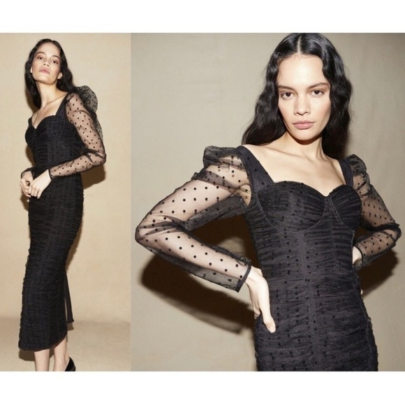 SELF-PORTRAIT Sweetheart Neckline Flocked Gathered
Mesh Midi Black‎ Dress size 0 - Picture 1 of 14